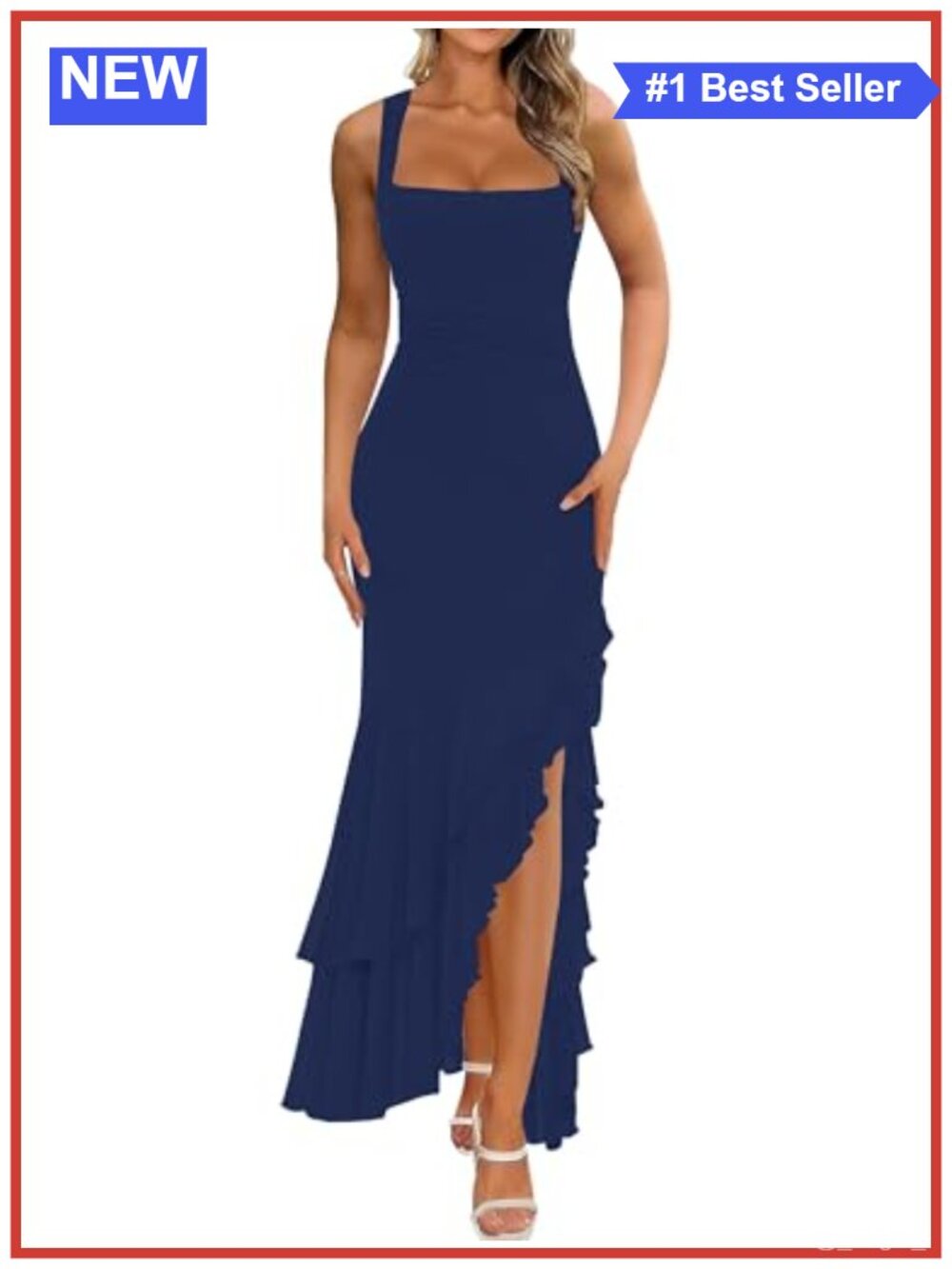 Women's Ruched Maxi Cocktail Dress Square Neck Sleeveless High Slit